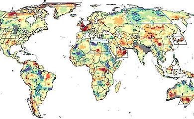 Regions where observed heat waves exceed climate model trends. Areas in the frame with the darkest red colours are the most extreme; less red and orange exceed models, but not as much. Yellow colours are roughly in line with models, while green and blue are below those predicted by models.