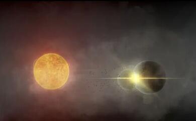 Illustration of a possible collision between two planets near a distant star