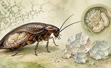 Schematic illustration of the viviparous cockroach Diploptera punctata, its embryos and protein crystals