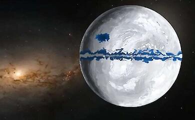 Artistic reconstruction of an almost entirely ice-covered Earth against the backdrop of space