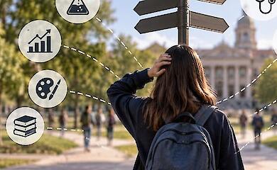 A student on a university campus in front of signs and symbols of different academic fields
