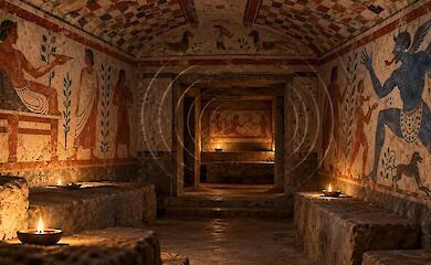 A schematic reconstruction of an Etruscan tomb with frescoes, candles and a visualization of sound waves