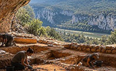 Archaeologists are working at the excavation site near the cave entrance, against a backdrop of mountainous scenery