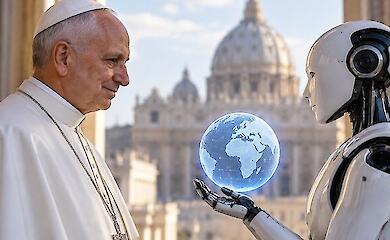 A symbolic illustration of a dialogue between a human and artificial intelligence, set against the backdrop of the Vatican
