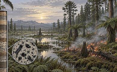A schematic illustration of an ancient swamp forest in Antarctica, showing a ground fire and a sedimentary core.