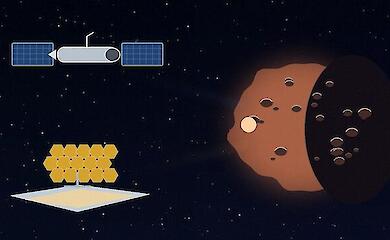 Schematic illustration: the Hubble and Webb telescopes observing a small trans-Neptunian object in space.