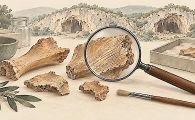 Illustrated fragments of ancient bones, a magnifying glass and a brush on a light surface; cliffs with caves in the background.