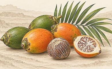 Green and orange areca fruits, a peeled seed, and a cut fruit next to a palm leaf on a light background.