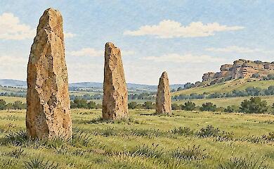 Illustrated composition: three tall stone pillars on a grassy plain and a rock massif in the distance.