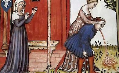 A medieval miniature showing two women helping a man who is vomiting.