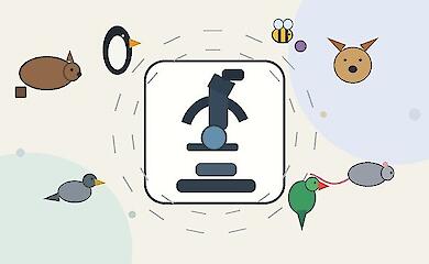 Schematic editorial illustration with animals around a microscope