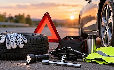 A car on the roadside, a spare wheel, a warning triangle, a jack, a flashlight, and a reflective vest