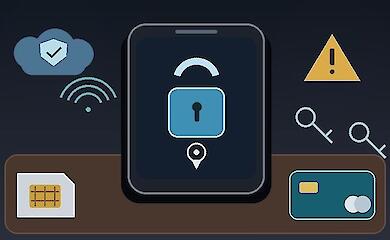 A smartphone on a table next to protection symbols, a bank card, and a SIM card