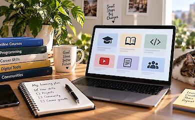 A laptop, books, a notebook, and a smartphone on a desk illustrating online learning and digital resources