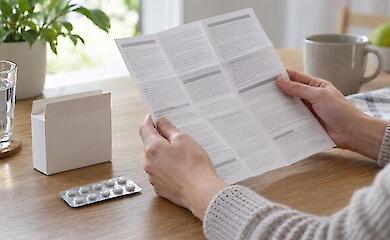 A person reads the package insert next to a neutral medicine box and a blister of pills.