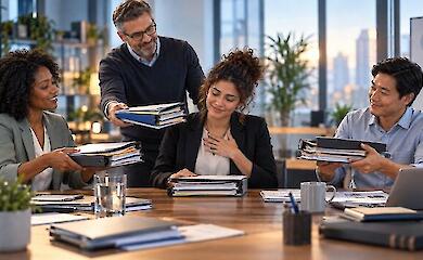 Colleagues take some folders from a tired employee and redistribute the workload among themselves.