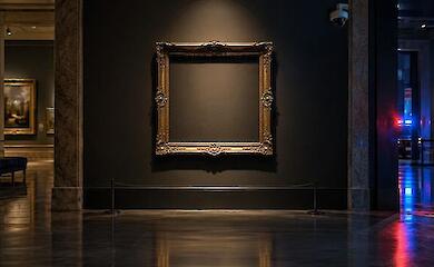 Empty frame in a museum gallery under a security camera and the glow of police lights