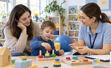 A mother with a young child works with a specialist at an early intervention center
