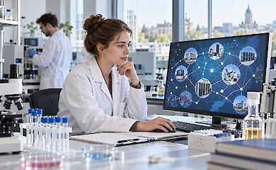 A young researcher works in a lab next to a screen showing a digital network of research infrastructure