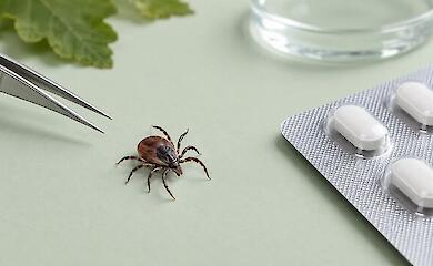 An Ixodes tick next to tweezers and a blister pack with no drug names visible