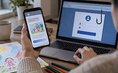 A smartphone with a message about a child's drawing next to a laptop and a phishing symbol