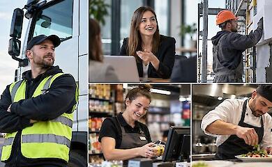 A collage of a truck driver, a manager, a construction worker, a shop assistant and a cook at their workplaces.
