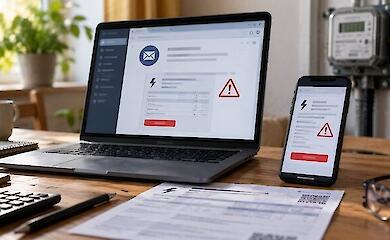 A laptop and smartphone showing warnings about a suspicious electricity bill next to an electricity meter