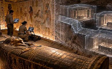 Archaeologists scan a painted wall of an ancient Egyptian tomb, with a conceptual diagram of hidden chambers in the rock shown alongside