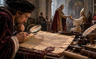 A scholar examines an ancient parchment through a magnifying glass, with a ruler handing a symbol of power to the pope in the background
