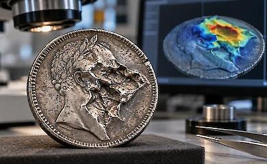 A severely deformed silver coin under a laboratory microscope next to a screen showing 3D surface analysis.