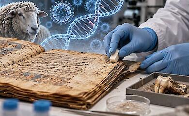 A researcher wearing gloves takes a sample from an ancient parchment manuscript; a sheep, a tooth, and a DNA diagram are shown alongside.