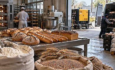 Bread, flour and grain at an industrial bakery, with a generator and a delivery vehicle nearby