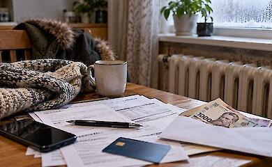 Bills, a bank card, Ukrainian hryvnia banknotes, and winter clothing on a table next to a radiator