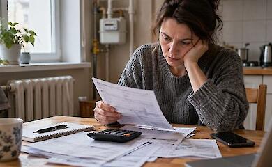 A woman at home checks utility bills next to a calculator and a phone