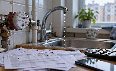 A water meter, a dripping faucet, bills and a calculator on the kitchen counter