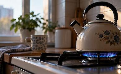Kettle on a lit gas stove burner in a home kitchen