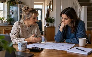 Two women at a kitchen table discussing paperwork and housing costs