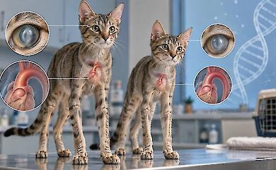 Two long-legged tabby cats at a veterinary clinic with symbolic images of an eye, heart, aorta and DNA.
