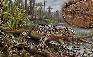 Editorial reconstruction of a salamander-like ancient tetrapod in a swampy forest, with an inset of the fossil.