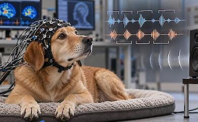 A dog wearing an EEG cap lies in a lab listening to sounds from a speaker, with screens showing neural and audio signals in the background.
