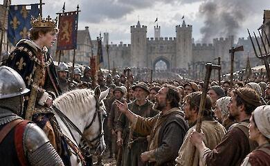 Editorial historical reconstruction of the young king's meeting with a crowd of rebels at the city gates.