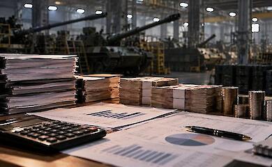 A table with budget documents, a calculator and stacks of money against the backdrop of a workshop with military equipment.
