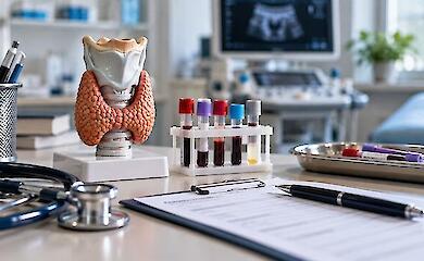 Thyroid gland model, blood test tubes, a stethoscope and a lab form in a medical office