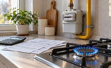Gas burner, household gas meter, calculator and bills on a kitchen.
