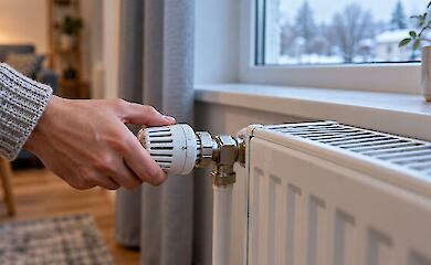A hand adjusts the thermostatic valve on a home radiator next to a winter window.