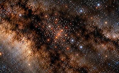 Editorial illustration of a dense star cluster hidden among dust clouds in the Milky Way