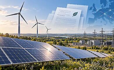 Solar panels, wind turbines and power grid infrastructure as an illustration of renewable energy development