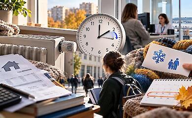 Autumn editorial illustration with clocks, heating, documents, a student, an administrative service center (TsNAP) and symbols of winter support
