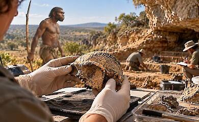 Archaeologists examine a fossil skull fragment at an excavation site in South Africa
