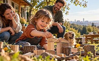 A child is playing outside with their parents in a warm, family atmosphere